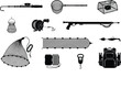 © Shahriar - Set of black and white fishing equipment including rods, nets, reels, tackle boxes, scales, and backpacks for outdoor angling trips