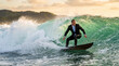 © Inspire Shots Hub - Man in suit surfing a green wave, representing business success, ambition, and a bold approach to challenges, set against a tropical sunset backdrop