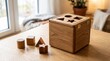 © Arina - Wooden shape sorter box with geometric blocks resting on a table in a cozy home interior with natural light for early childhood development and problem solving concept