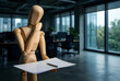 © Pixel-Shot - Workplace burnout and career stress, wooden mannequin looking at document with pen in modern office environment professional exhaustion