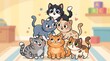 © Blood Group - Cute cartoon kittens stacked in a pyramid, adorable group of six colorful cats, playful nursery illustration for children