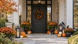 © Rafael - A welcoming front porch decorated with pumpkins, fall foliage, and lanterns for the autumn season. The dark front door is adorned with a wreath made of leaves, exuding a warm and festive atmosphere