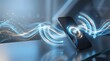 © Emely - Modern smartphone lying on a reflective glass surface with glowing blue light waves symbolizing wireless charging and NFC signal.