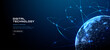 © AntonKhrupinArt - Digital world globe with glowing network connections, orbital lines and illuminated dots positioned right on dark blue background with copy space. Futuristic global communication technology concept. V