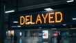 © Vicentia - A digital LED information screen displaying the word delayed in orange lights inside a modern terminal, representing flight cancellations, schedule changes, and transit delays due to crisis.