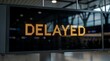© Vicentia - An electronic flight information display screen inside an airport terminal showing the word delayed in yellow letters, representing travel disruptions, schedule changes, and canceled trips