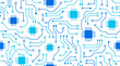 © Sadia - Seamless tileable pattern of blue and cyan circuit traces, microchips, and connection nodes on white background, vector illustration for technology and electronics design