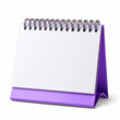 © Bediha Duru Öksüz - Blank white desk calendar mockup with purple stand and black wire binding, isolated on a white background, perfect for custom corporate schedule design and branding presentation.