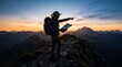 © Eko - Wide view of female hiker with backpack standing on rocky mountain summit holding paper map and pointing forward at cinematic golden sunset for travel navigation, strategic vision, and exploration con