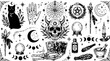 © Graphic works - Black mystical boho magic vector collection, occult astrology symbols, palmistry hand, skull, black cat, alchemy and witchcraft tattoo elements isolated on white background