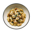 © BagazLK - Domowe włoskie gnocchi z masłem szałwiowym i tartym parmezanem podane w ceramicznej misce na białym tle, widok z góry na pyszne ziemniaczane kluseczki z chrupiącą skórką i aromatycznymi ziołami