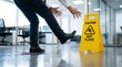 © FrameFlow - Businessman in formal suit, with yellow caution wet floor sign nearby, slipping and losing balance, in modern corporate office interior, workplace safety photography