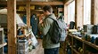 © Rei - Man wearing a backpack inside an outdoor gear store shopping for equipment