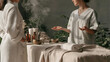 © pattozher - Serene Spa Session: A client in a fluffy robe receives consultation from a therapist amidst an tranquil spa setting, with aromatic steam rising and massage oils arranged on a draped table.