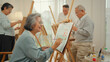 © Leny Studio - Senior Asian group participating in art therapy painting class at a nursing home, with caregiver support for elderly women and patients, promoting retirement care, wellness and creativity