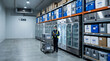 © AI_ID - Warehouse worker ensuring efficient cold chain logistics in a vast refrigerated storage facility, managing inventory and daily operations for optimal distribution