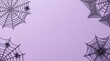 © Vexelora - Corner arrangement of black spider toys on sparkly white webs against a pale purple backdrop with halloween background decoration sparkling minimalist creature abstract