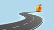 © EventLogic Studio - Ripe peach fruit at end of winding asphalt highway road on blue backdrop showing healthy food journey path.