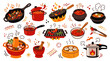 © Abul - Set of spicy cooking utensils and hot food dishes, frying pans and pots with steam, culinary preparation, restaurant menu illustration, kitchen