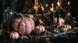 © mashimara - Halloween Decoration: A spooky yet elegant Halloween setup featuring a collection of glittered pumpkins, cobwebs, and flickering candles, creating a mysterious and festive atmosphere.