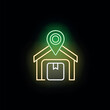 © anatolir - Neon glow icon representing a warehouse with a package and location pin for logistics