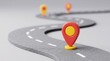 © Sonu - Bright red and yellow location pin icons sit atop a curved asphalt road rendered in a smooth 3D minimalist style