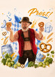 © master1305 - Happy senior man holding pretzels in traditional clothing surrounded by beer festival graphics. Concept of bakery offers, beer snacks and Oktoberfest restaurant promotion.