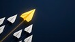 © Abuhumed - Yellow paper plane leading white planes on dark blue background, representing leadership, business innovation, and standing out from the crowd in a minimalist conceptual design.