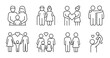 © VectorPlanet - Family care and human connection icon set. Relationships, parenting, childcare and social community interaction line icons. Editable stroke vector illustrations