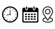© Design Zone - Clock, calendar and location pin vector icon collection for time, date and address concepts, appointment scheduling, meeting deadlines, business planning, productivity and organization png