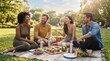 © ambar - Four diverse friends enjoying a sunny outdoor picnic in a vibrant green park, laughing and sharing food and drinks on a blanket.