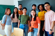 © AnnaStills - Portrait of multiethnic young adult students standing together in classroom, representing teamwork, inclusion, campus community. Ideal for education marketing, enrollment campaigns