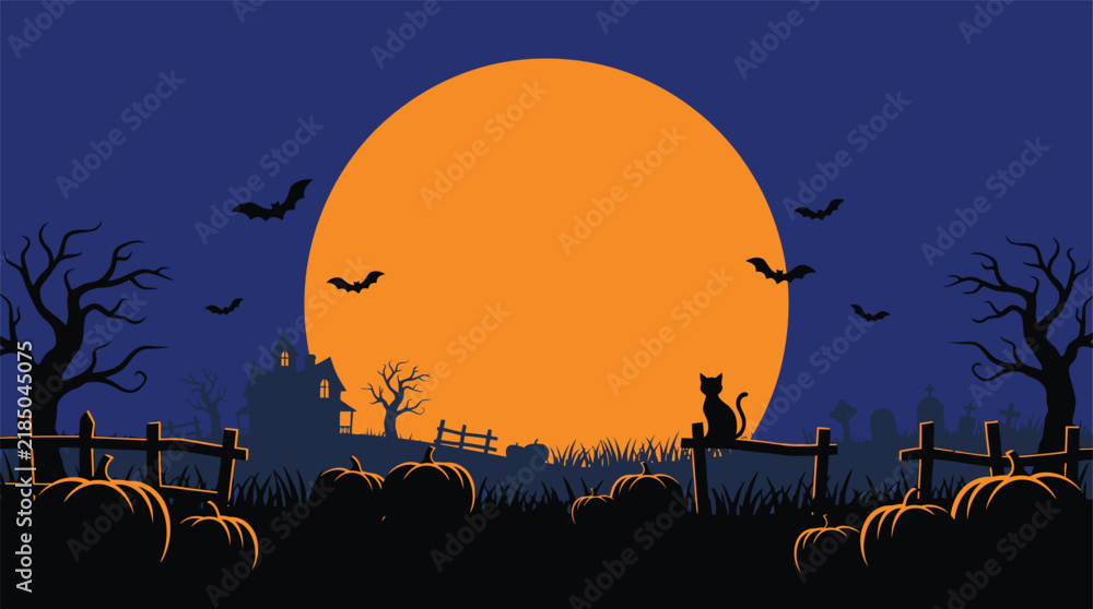 Tree Shrub Vector A spooky halloween night scene with a large orange moon silhouetted ...