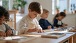 © AnastasiiaRozhmanova - Wide view of a Montessori classroom play table arrangement with four young children working independently on different trays of tactile learning materials, natural wood furniture,