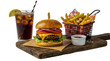 © MOST RUMANA BEGUM - Fresh beef burger with french fries and cold soda on wooden board isolated on transparent background