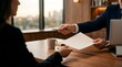 © Claude - Professional manager handing document and pen to colleague in office