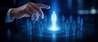 © Viktoryia - hand reaches toward a glowing blue male hologram standing in the center of a group of digital human figures on a dark futuristic interface