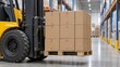 © Рудой Максим - Forklift moving boxes on a pallet in a warehouse with tall shelving and packages stacked