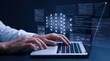 © Bin - Futuristic artificial intelligence and machine learning concept, programmer typing on laptop with glowing neural network hologram, data science coding visualization