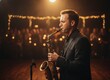 © K1drock - Professional male musician playing saxophone on stage in a dimly lit jazz club with warm bokeh lights and an audience in the background, concept of musical passion and artistic performance
