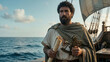 © Nikolay - An ancient Greek explorer stands on a wooden ship deck holding a scroll and astrolabe. He navigates the open blue sea under a clear sky