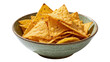 © Petra - Crispy golden tortilla chips seasoned with salt and spices piled high in a rustic ceramic bowl, isolated on transparent background