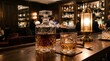 © arief - Elegant Whiskey Decanter and Glass on Bar Counter, Cozy Bar Atmosphere