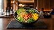 © Food lover - Fresh salmon poke bowl with avocado and mango in a restaurant
