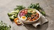 © Jobeda - Healthy grain bowl with roasted sweet potato, avocado, softboiled egg, broccoli, and fresh herbs on a rustic stone background
