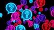 © Stocker - Scattered neon glowing question mark symbols in speech bubbles with vibrant blue pink and red colors on black background abstract concept.