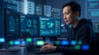 © Watercolor_Kawaii - Professional engineer monitoring cloud data analysis and network server performance with focused expression in high tech office