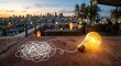 © Visiora - Glowing light bulb with tangled line showing creative problem solving and innovation on a city rooftop terrace during golden hour sunset background.