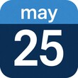 © Pete - Blue calendar displays May 25 date. White numbers and month text isolated on simple background. Graphic element for planning events or deadlines.