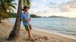 © Ednardo - Tropical Paradise Escape: A man in a hat and casual attire leans against a palm tree on a sandy beach, gazing out at the serene ocean and distant islands under a clear sky.